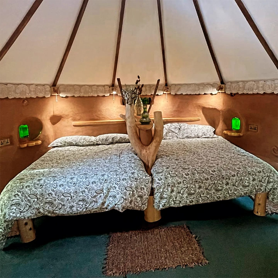 Inside Earth themed Cob Glamping Pod